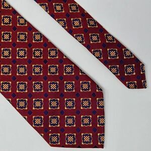 MONTEBELLO ITALY SILK TIE BLUE GOLD RED GEOMETRIC SATIN SHIMMER 3.75" X 59"